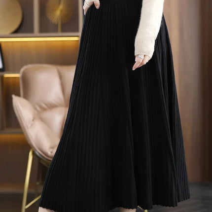 100% Merino Wool Women’s Knitted Skirt Spring Autumn Winter  Long Pleated Grace Skirts High Waist A-Line Cashmere Comfortable PlatiNum