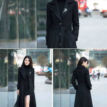 New Women's Spring Autumn Winter Woolen Coat Slim  Long Over The Knee Lining Woolen Windbreaker Outerwear Match Belt Female