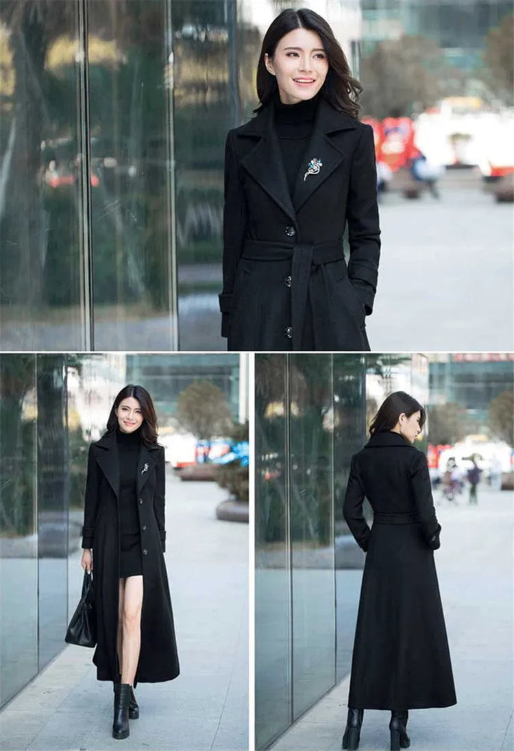 New Women's Spring Autumn Winter Woolen Coat Slim  Long Over The Knee Lining Woolen Windbreaker Outerwear Match Belt Female