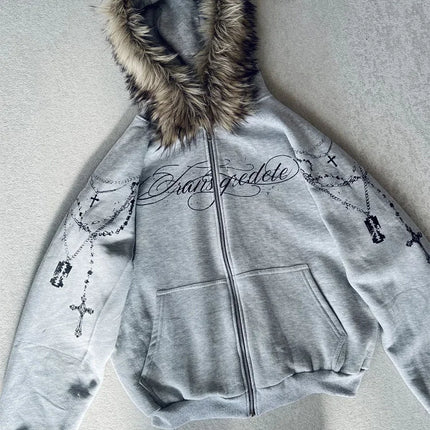 Winter Fashion Streetwear Women's Gothic Punk Faux Fur Hooded Jacket With Cross Print Trendy Edgy Zip - Up Sweatshirt 2026 New