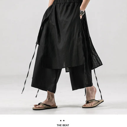 Pantaloni da uomo irregolari in cotone e lino, stile Harajuku, a gamba larga, tinta unita, casual, con elastico in vita, vestibilità ampia, stile punk