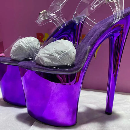 Glossy electroplated Cross dressing 8 inches high heel Stripper 20cm sandals  Clear Exotic Sexy platform pole Dance Sexy womens PlatiNum