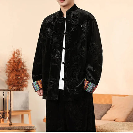 Giacca in velluto da uomo in stile cinese con stampa drago camicie da uomo tradizionale abito Tang Kung Fu Tai Chi camicie casual retrò abbigliamento da uomo