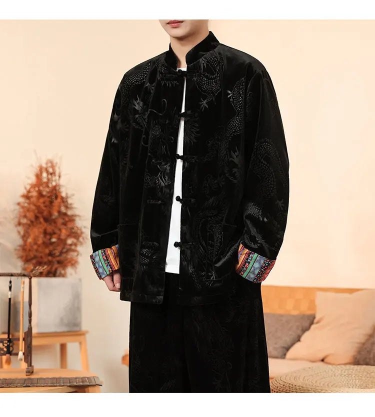 Giacca in velluto da uomo in stile cinese con stampa drago camicie da uomo tradizionale abito Tang Kung Fu Tai Chi camicie casual retrò abbigliamento da uomo