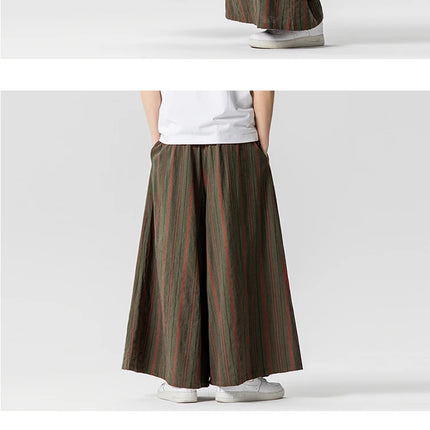 Pantaloni a righe da uomo in cotone e lino, comodi e traspiranti, pantaloni a gamba larga, kimono, samurai giapponese, pantaloni alla moda larghi casual da uomo