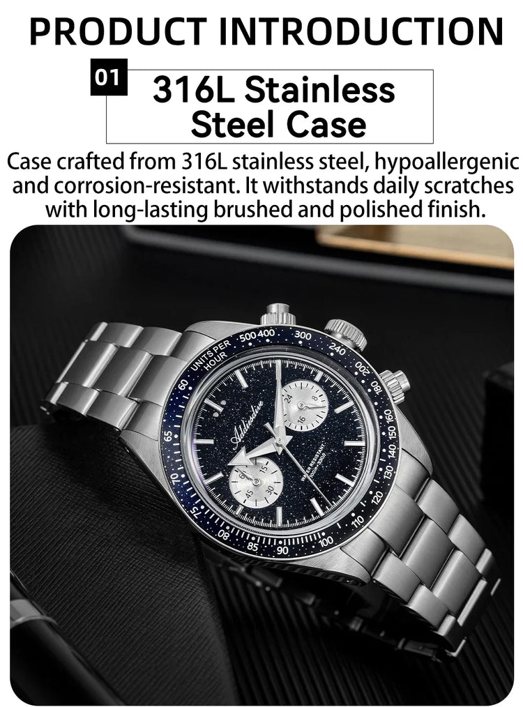 ADDIESDIVE Mens Quartz Chronograph Watch VK64 Movement 40mm Stainless Steel K1 Bubble Crystal BGW9 Lume 100M Water Resistant