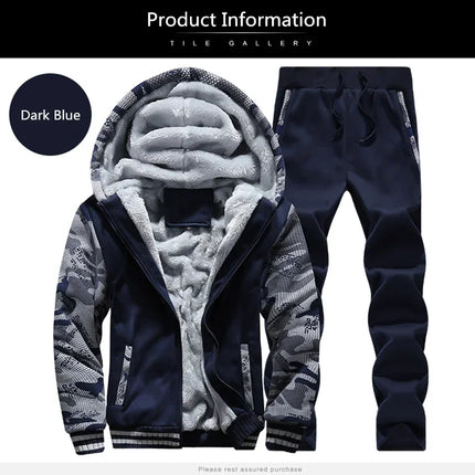 New Winter Fleece Thicken Men's Two-piece Zipper Sports Set Hooded Thermal Suit Casual Oversized Tracksuit 4XL 5XL Funny Suit