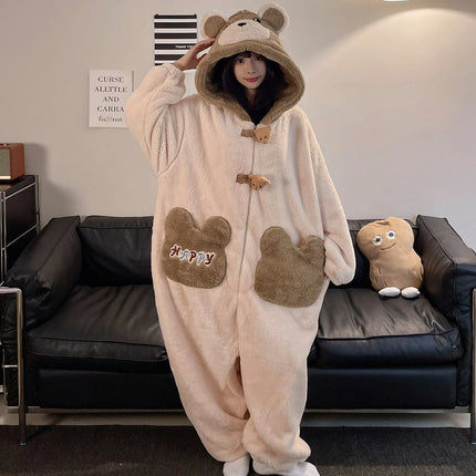 Winter Pajamas Cartoon Bear Costume Pijama Kawaii Adult Couples Kigurumis Sleepwear Jumpsuits Coral Fleece Loose Warm Homewear