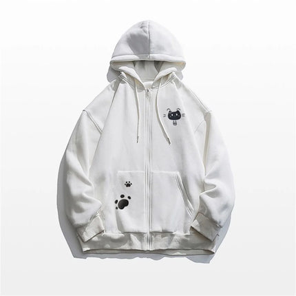 Spring And Autumn Thin Collection Fashion Trends Versatile Casual Lazy Wind 2025 New Cute Girl Zipper Fun Cat Print Hooded