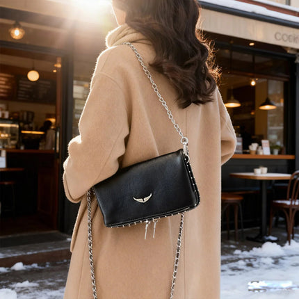 Luxury Crossbody Bag Solid Color PU Wing Logo Design Lightweight Magnetic Adjustable Chain Strap Handbag for Travel Commute PlatiNum