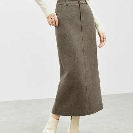 SENTUBILA Straight Wool Skirt Women 2025 Winter Vintage Elegant Tweed High-waist Slit-hem Temperament Long Skirts 144Q56942 PlatiNum