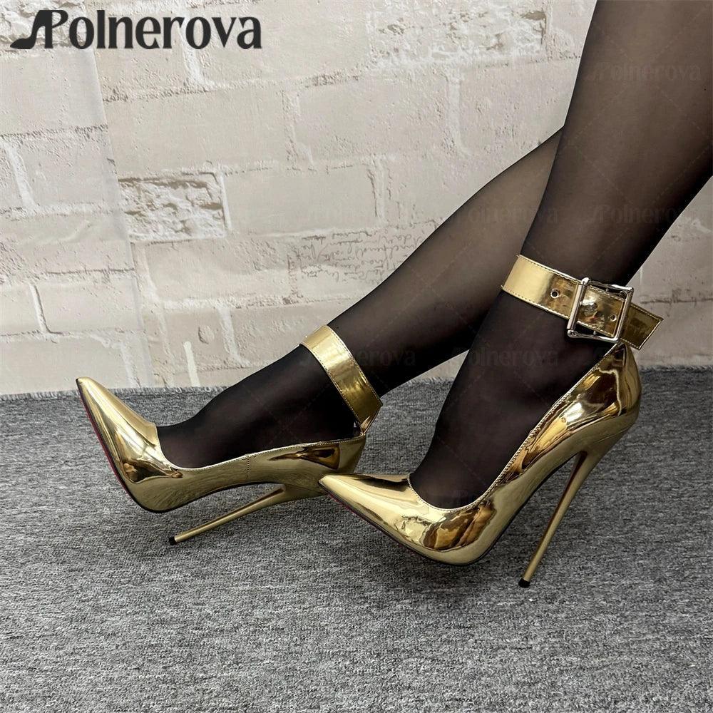 16cm Lock Pumps Sexy Pointed Stilettos Ankle Buckle Patent Leather High Heels Designer Metallic Lock Belt Buckle Lacquered Heels - PlatiNum