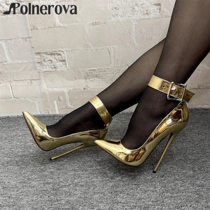 16cm Lock Pumps Sexy Pointed Stilettos Ankle Buckle Patent Leather High Heels Designer Metallic Lock Belt Buckle Lacquered Heels - PlatiNum