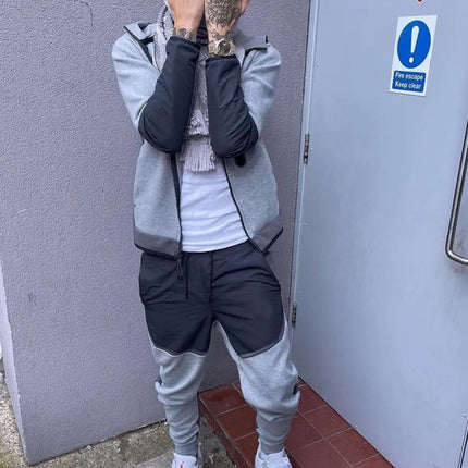 Spring and Autumn New Men's Set Western Style Outdoor Sports Casual Men's Clothing Long Sleeve Hooded Jacket Pants Suit PlatiNum