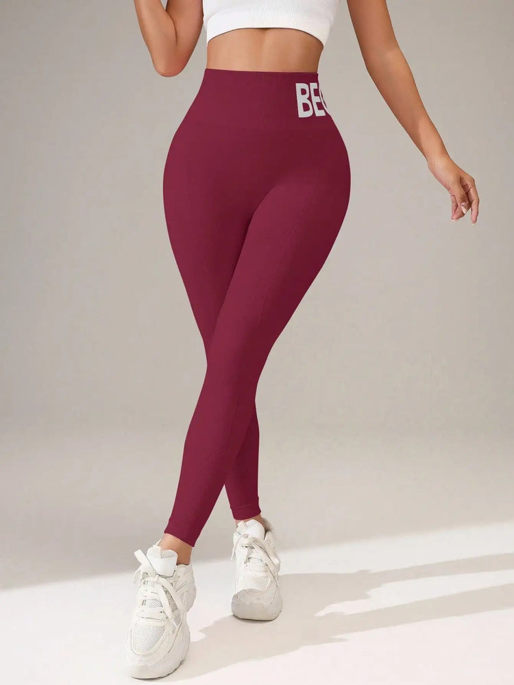 European and American Seamless Yoga Leggings with Waistband Lettering, Butt-Lifting, Quick-Dry Women's Breathable Tights for Pea PlatiNum
