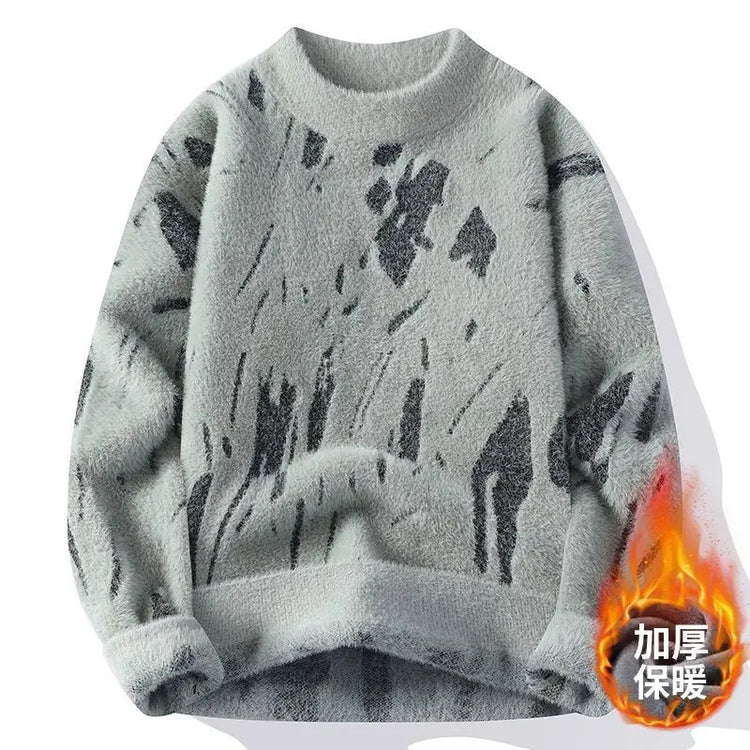 Winter Men's Thickened Fleece Sweater Irregular Jacquard Pattern Casual Round Neck Pullover Tops Striped Soft Knitted Sweaters