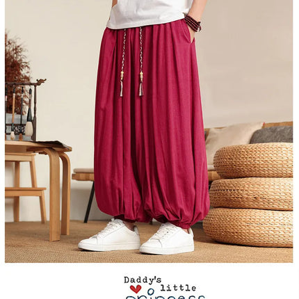 Pantaloni Larghi in Lino da Uomo, Tinta Unita, Casual e Comodi, Stile Harun, Moda Harajuku, Taglie Fino alla 8XL