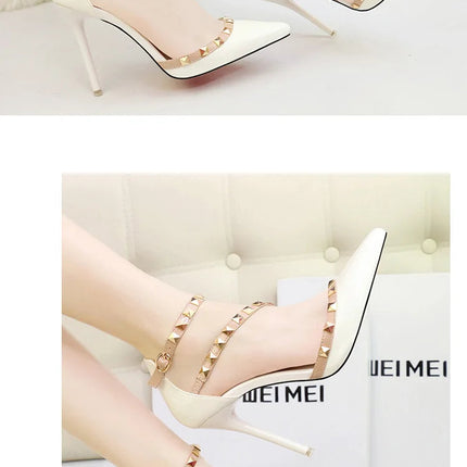Scarpe tacco alto da donna estive in Europa e America Moda punta a punta bocca superficiale rivetto scava fuori sandali a spillo da discoteca platinumshop