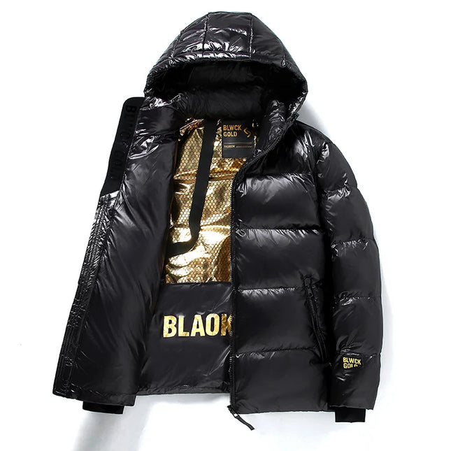Down Jacket Men Winter Luxury Black Gold Bright Face Waterproof White Duck Down Warm Jacket Ski Lightweight Hooded Coat