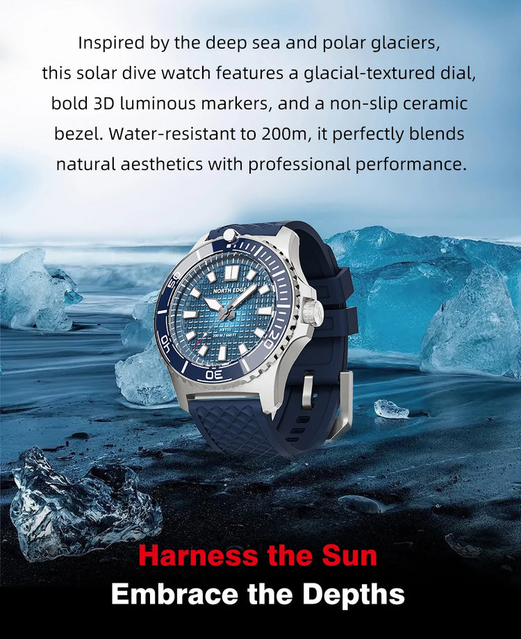 NORTH EDGE NEW Design ABYSS Solar Powered Dive Quartz Wristwatch 200M Waterproof Sports Diving Watch 316L Soft Strap Men Watches