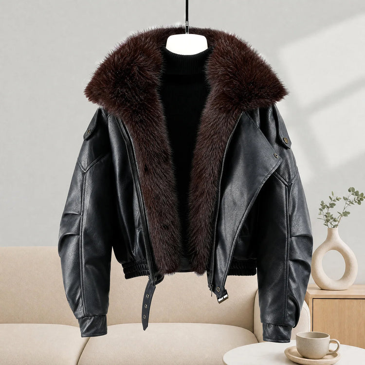 New Parkas Women Leather Jacket Big Fur Collar Tooling Cotton Jacket 2026 Winter Thicke Warm Cotton Padded Coat Female Outerwear