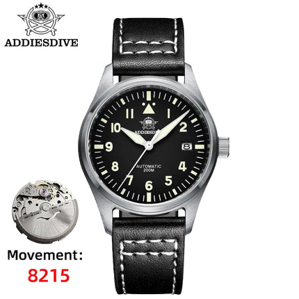 ADDIESDIVE Classic Men's watch Sapphire Automatic 8215 Stainless Steel Pilot watch Leather Luminous 200m Diving Dress Watch New