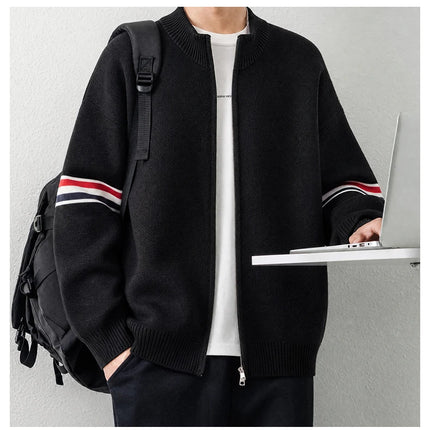 High End Men's Knitted Cardigan Autumn Winter Round Neck Zipper Casual Luxury Brand Classic Trendy Striped Korean Simple Sweater