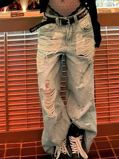 Jeans in difficoltà vintage a gamba larga con fori multipli Pantaloni estivi casual in denim da donna Pantaloni blu larghi dritti a vita alta femminili