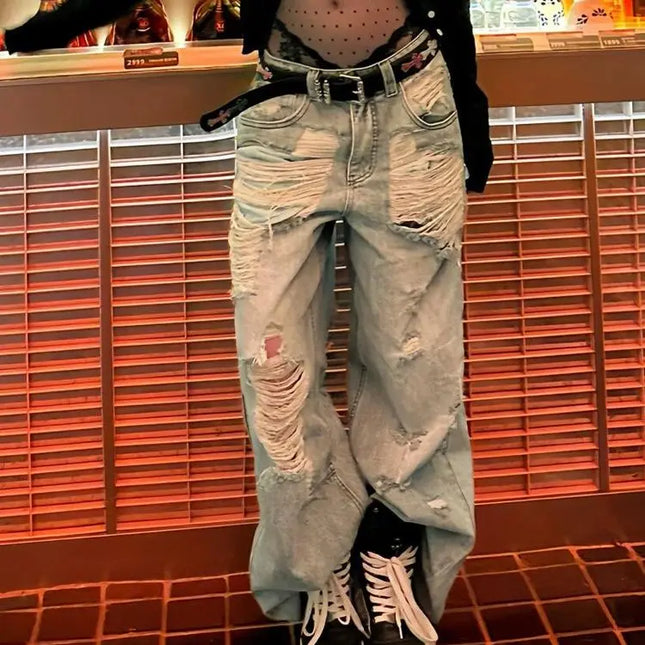 Jeans in difficoltà vintage a gamba larga con fori multipli Pantaloni estivi casual in denim da donna Pantaloni blu larghi dritti a vita alta femminili