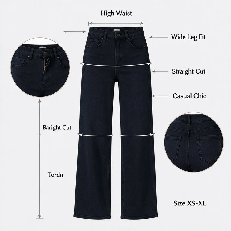 Women's Black Wide Leg Jeans, High Waist, Stretch Denim, Comfortable Loose Fit, Belt and Scarf Details, Modern Casual Style, Fashion Trousers for All Seasons, Sizes Xs-Xl，Fx1338-7