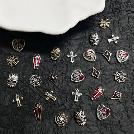 20PCS Alloy Dark Gothic Style Cross Skull Nail Art Decoration Punk Spider Web Coffin Nail Charm Accessories for DIY Crafts