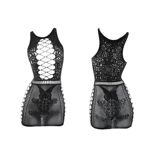 Open chest hollow out fishnet dress with gloves round neck sheer cover up women's swimwear party nightclub sexy lingerie