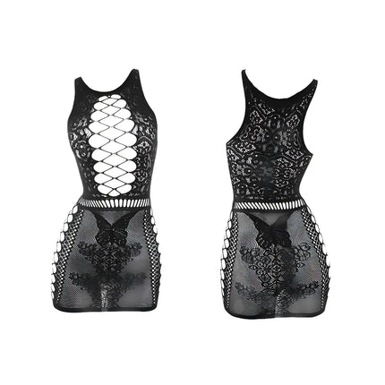 Open chest hollow out fishnet dress with gloves round neck sheer cover up women's swimwear party nightclub sexy lingerie