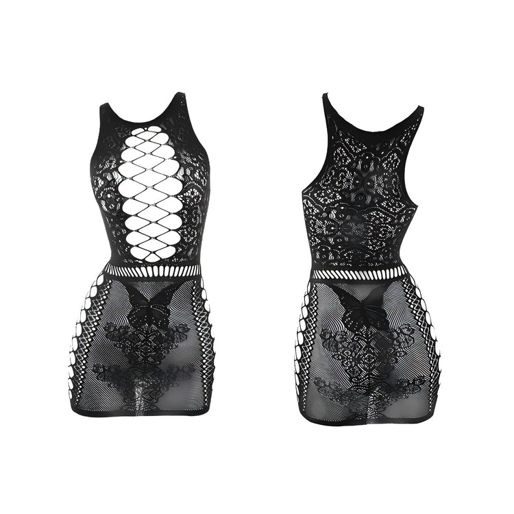 Open chest hollow out fishnet dress with gloves round neck sheer cover up women's swimwear party nightclub sexy lingerie