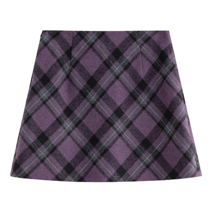 FSLE Autumn Party Skirt High Waist Retro Plaid Knit WoolShort Skirt For Women 2025 Fall Winter New Arrival Y2K Mini A-line Skirt PlatiNum