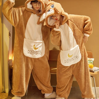 Unisex Men Women Animal Oneises Couple Pajamas One-piece Pyjamas Winter Coral Fleece Cartoon Homewear Large Size Hooded Jumpsuit