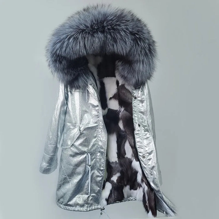 Winter Long Jacket Real Fur Coat Women Clothes Large Silver Fox Fur Collar Detachable Natural Fox Lining Parkas Leather Fur