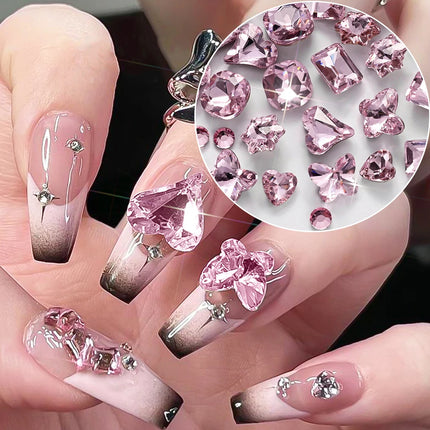 12 Grids 3D Pink Valentine's Diamond for Nails Art Bling Love Heart Oval Square Glass Rhinestones DIY Manicure Decorations