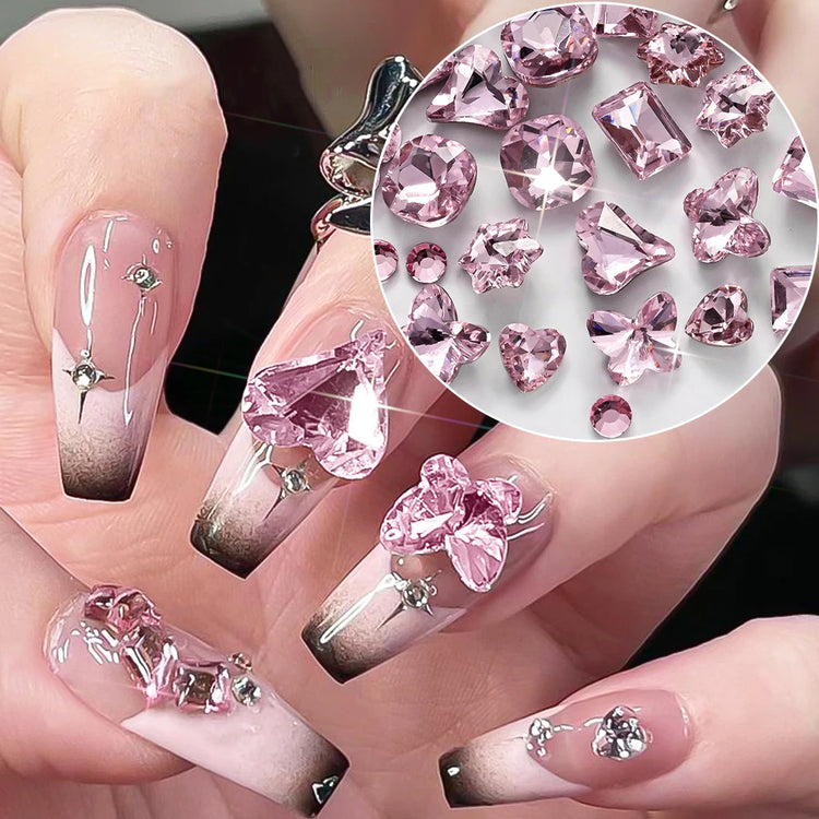 12 Grids 3D Pink Valentine's Diamond for Nails Art Bling Love Heart Oval Square Glass Rhinestones DIY Manicure Decorations