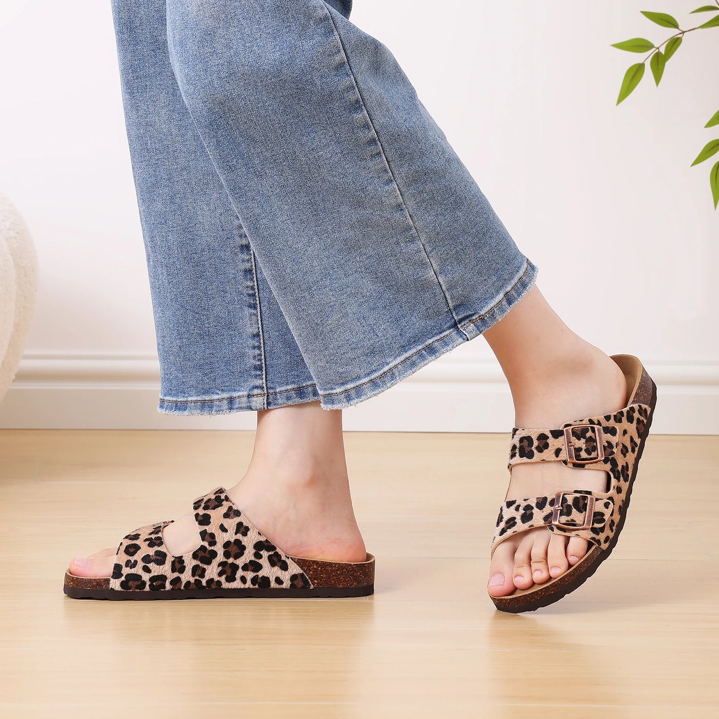 Eyriphy New Women Open Toe Leopard Slides With Adjustable Buckle Classic Flat Sandals Casual Cork Footbed Women's Slippers