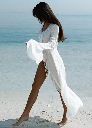 Copricostume estivo da spiaggia con scollo a V, bikini ampio con volant, protezione solare, grembiule, costume da bagno, manica lunga, copricostume per donna platinumshop