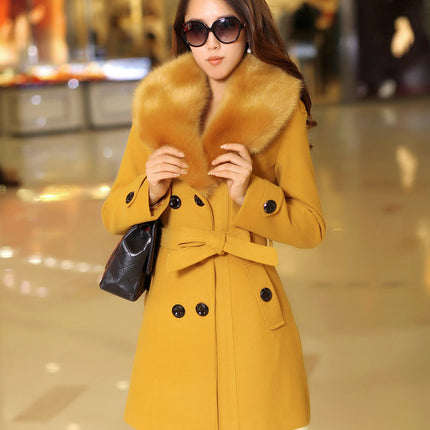 Mid Length Wool Coats Women Fur Collar Splice Blends Korean Full Sleeve Double Breasted Lace Up Belt Thick Warm Winter Jackets
