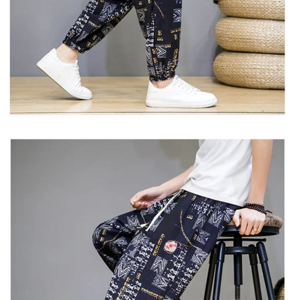 Pantaloni Primavera-Estate da Uomo in Stile Cinese, Sottili e Traspiranti in Cotone e Lino, con Vita Elastica, Pantaloni Harem Stampati Casual e Comodi