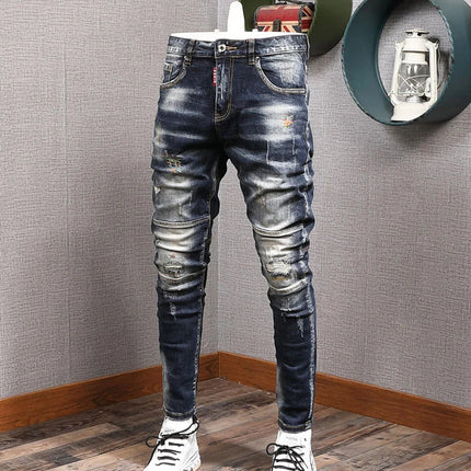 Fashion Streetwear Men Jeans Retro Black Blue Elastic Slim Fit Ripped Jeans Men Spliced Designer Embroidery Hip Hop Denim Pants PlatiNum