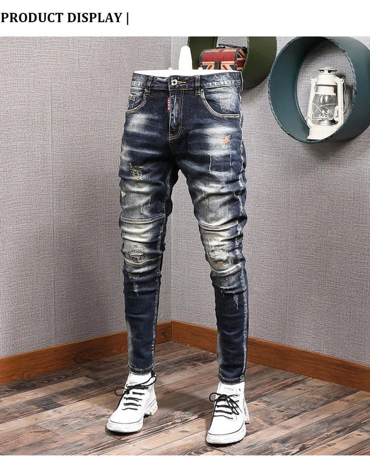 Fashion Streetwear Men Jeans Retro Black Blue Elastic Slim Fit Ripped Jeans Men Spliced Designer Embroidery Hip Hop Denim Pants PlatiNum