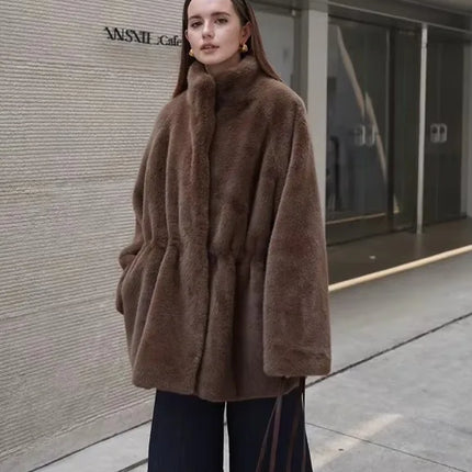 Women's Brown Plush Faux Fur Coat Funnel Neck Drawstring Waist Mid-Length Thick Winter Warm Elegant Luxe Chic Outerwear