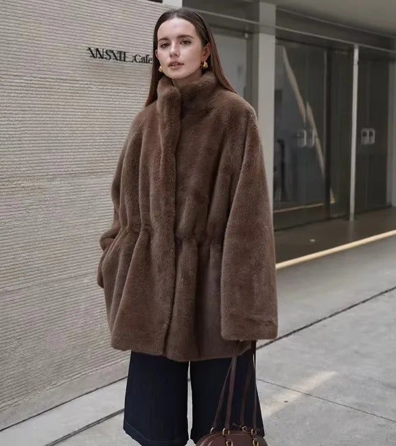 Women's Brown Plush Faux Fur Coat Funnel Neck Drawstring Waist Mid-Length Thick Winter Warm Elegant Luxe Chic Outerwear