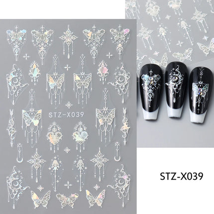 Black White Butterfly Laser Nail Stickers Y2K Nail Art Decoration Abstract Metal Lines Bronzing Lace Flowers Stickers For Nails