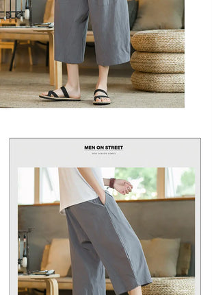 Pantaloni di lino da uomo in stile cinese Pantaloni a gamba larga da uomo con cavallo basso Pantaloni da uomo HipHop Pantaloni al polpaccio Pantaloni da pista Streetwear