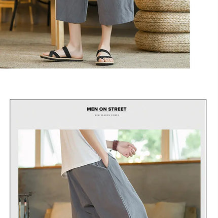 Pantaloni di lino da uomo in stile cinese Pantaloni a gamba larga da uomo con cavallo basso Pantaloni da uomo HipHop Pantaloni al polpaccio Pantaloni da pista Streetwear